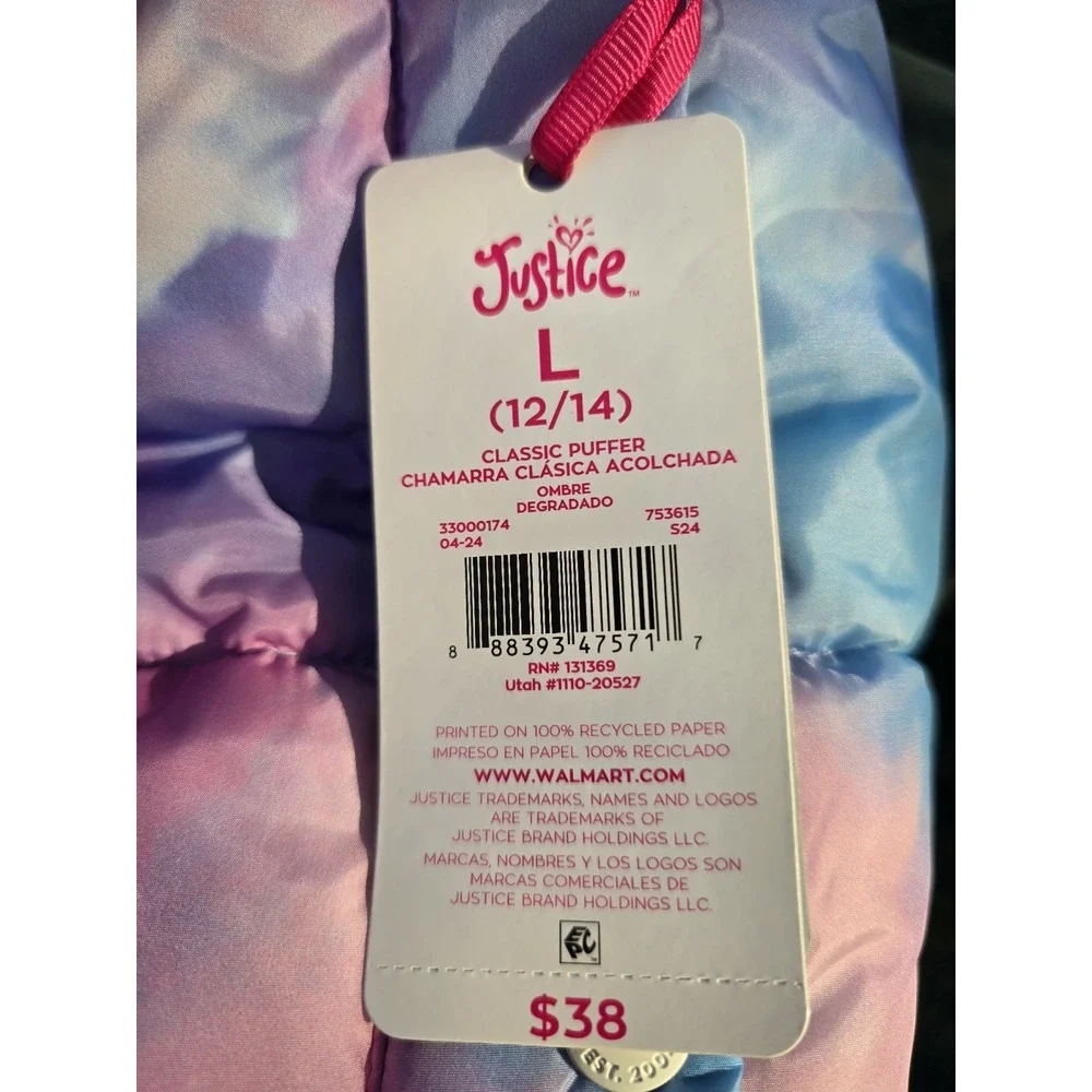 Justice Girls Puffer Jacket with Faux Fur Lined Hood Size L 12/14 Rainbow Pastel